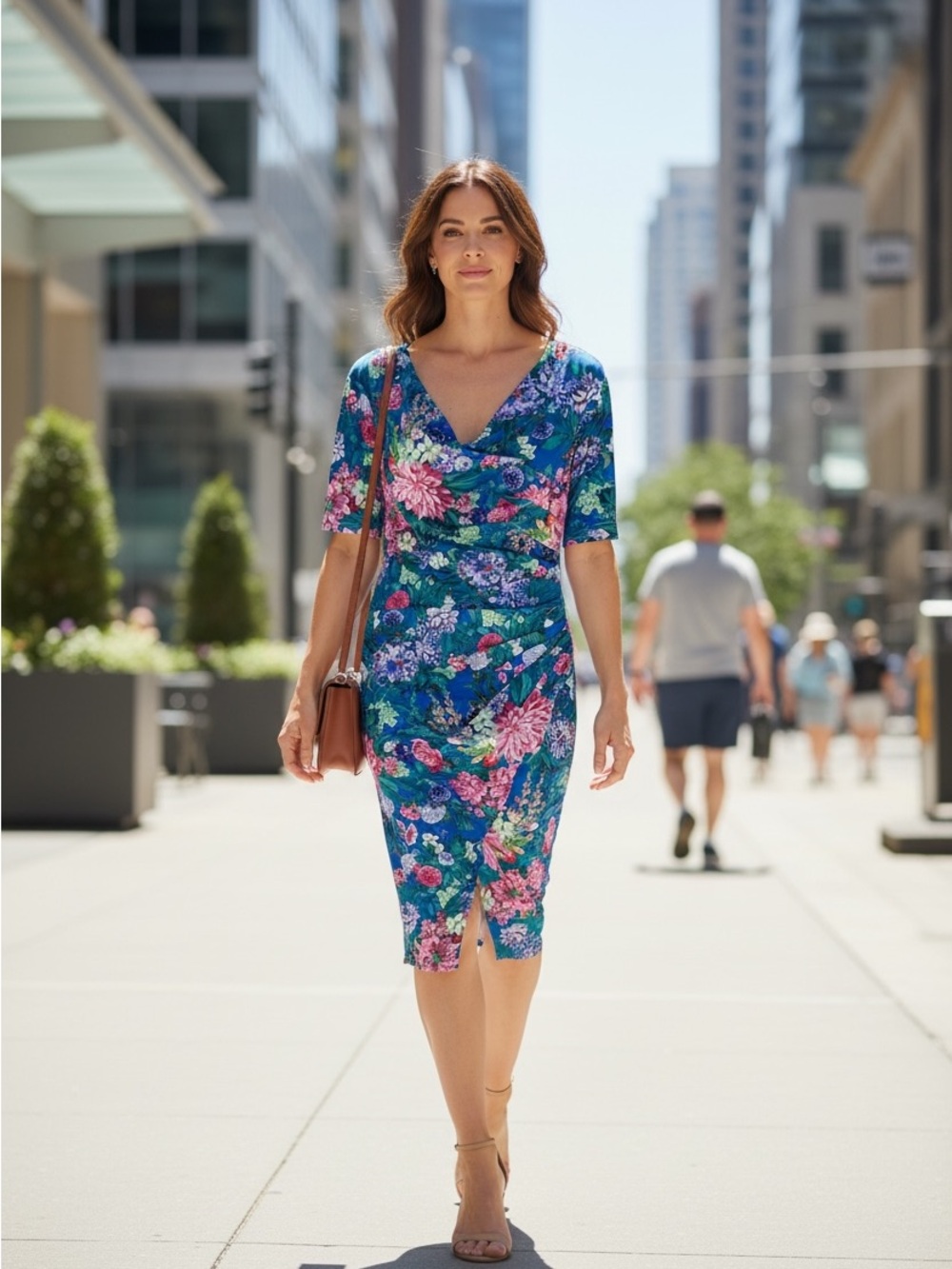 Tadashi Shoji Blue Floral Cowl Neck Midi Dress
